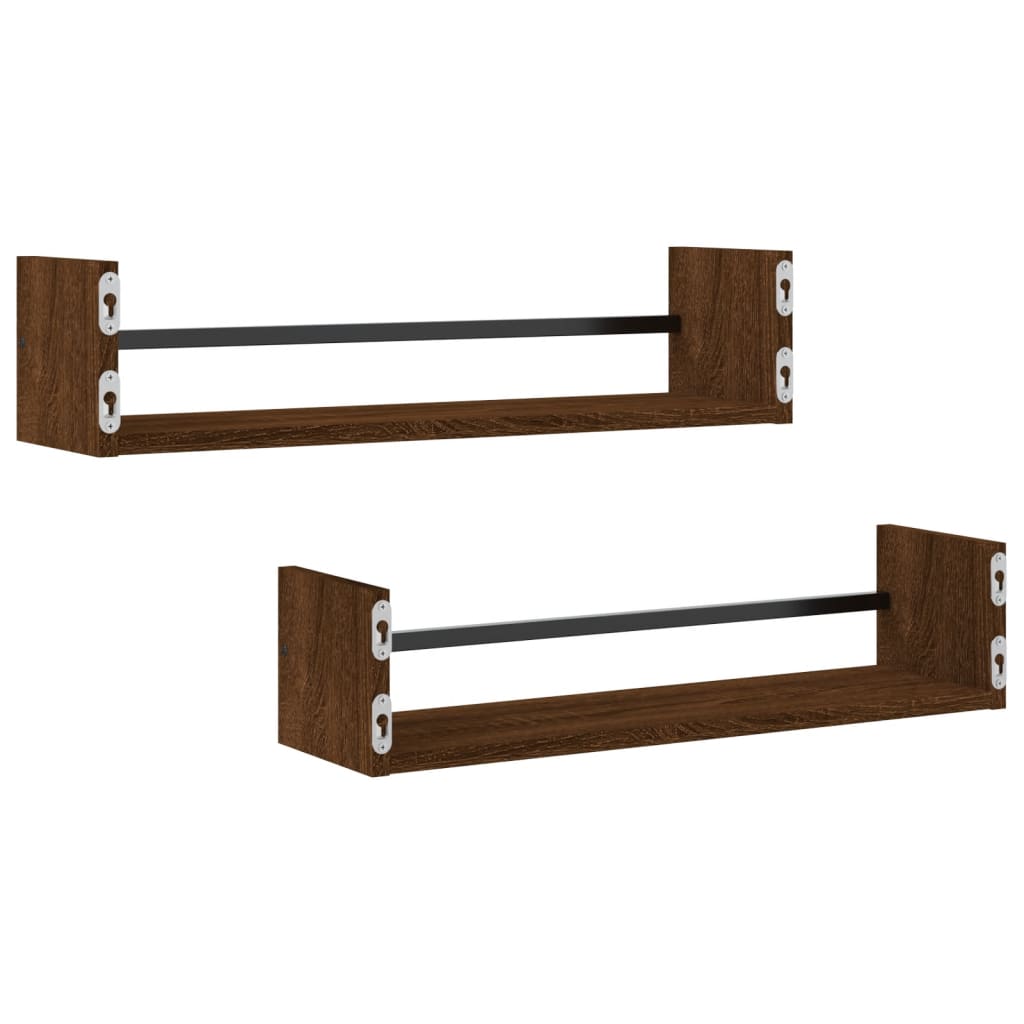 Étagères murales avec barres 2 pcs chêne marron 60x16x14 cm