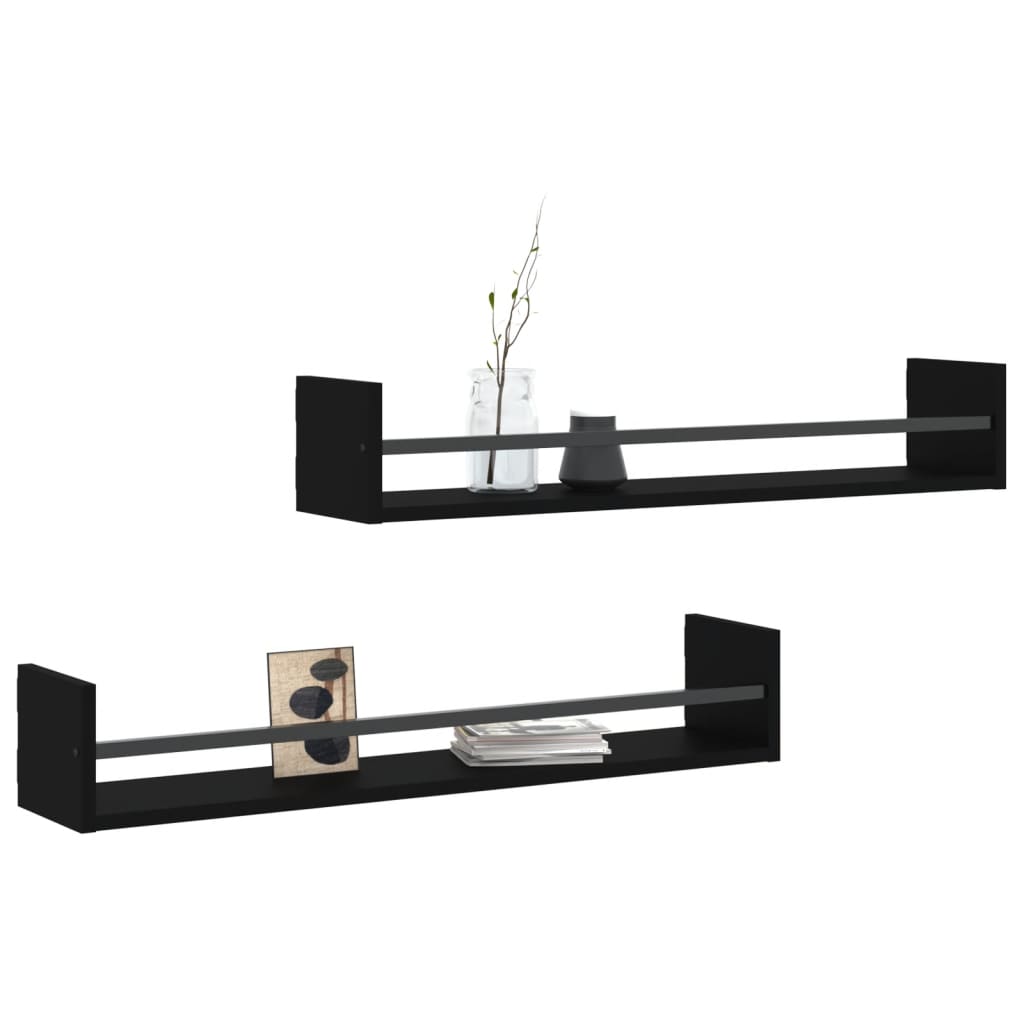 Étagères murales avec barres 2 pcs noir 80x16x14 cm