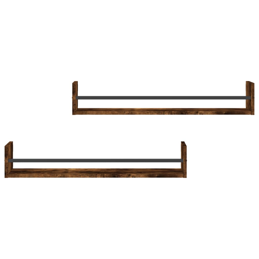 Étagères murales avec barres 2 pcs chêne fumé 80x16x14 cm