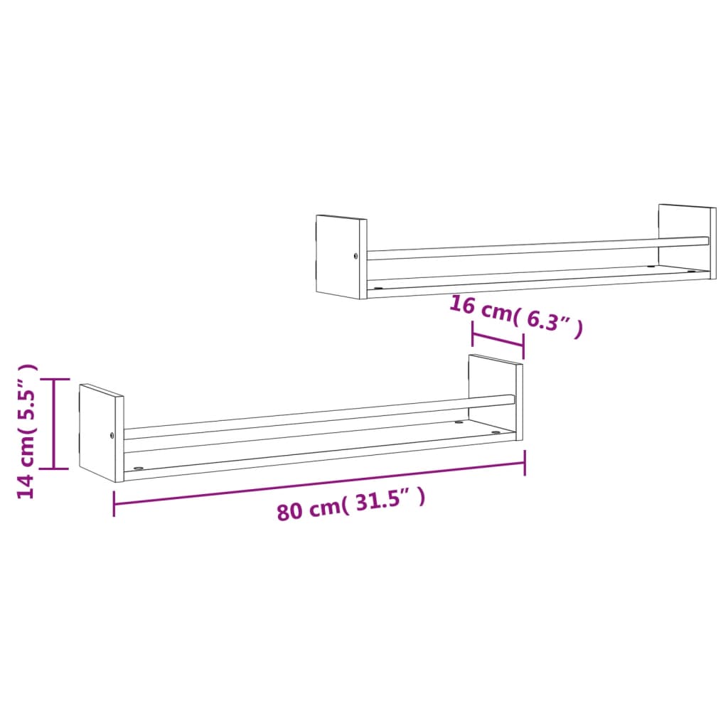 Étagères murales avec barres 2 pcs chêne fumé 80x16x14 cm