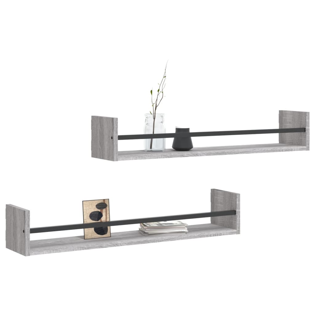 Étagères murales avec barres 2 pcs sonoma gris 80x16x14 cm