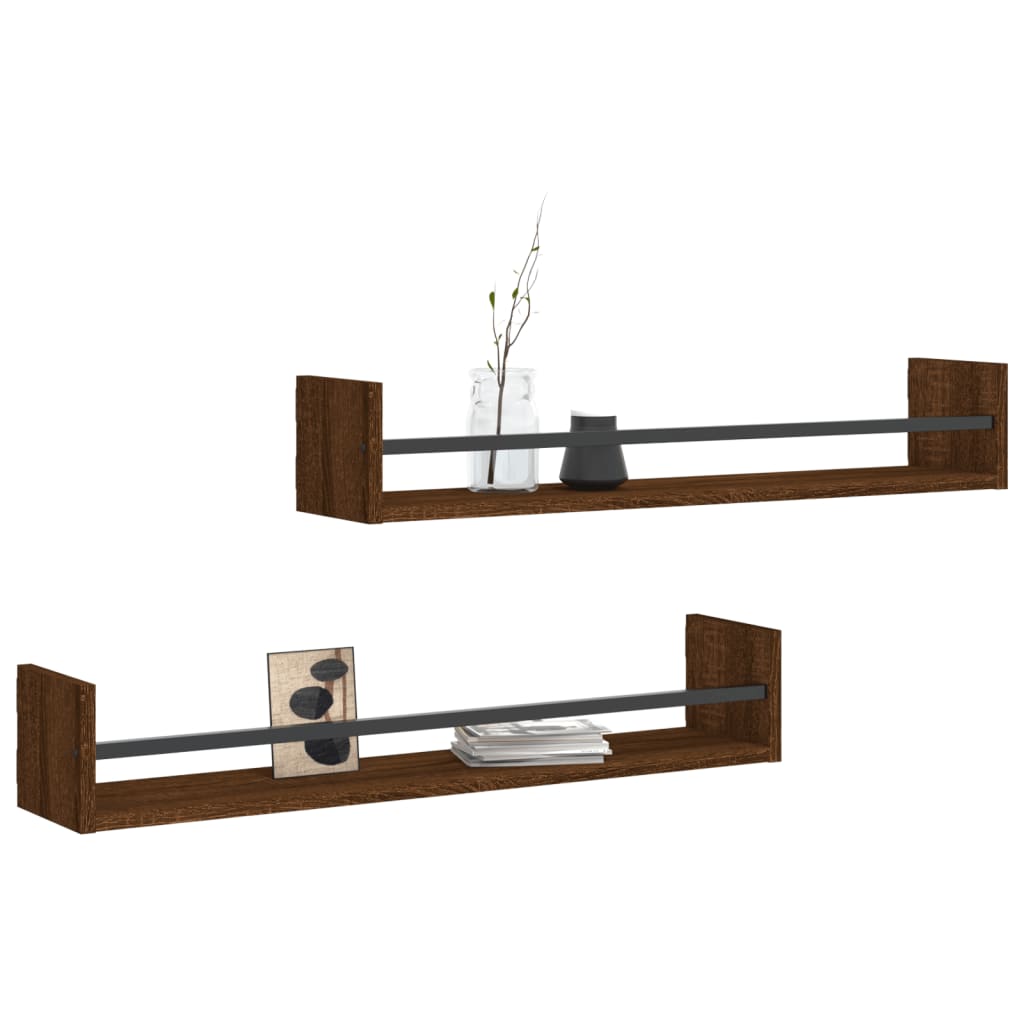 Étagères murales avec barres 2 pcs chêne marron 80x16x14 cm