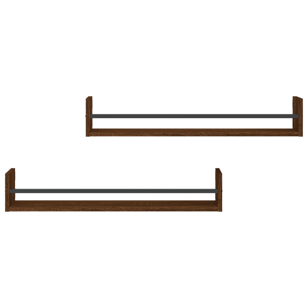 Étagères murales avec barres 2 pcs chêne marron 80x16x14 cm