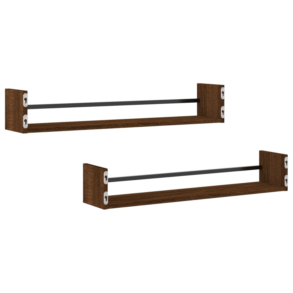 Étagères murales avec barres 2 pcs chêne marron 80x16x14 cm