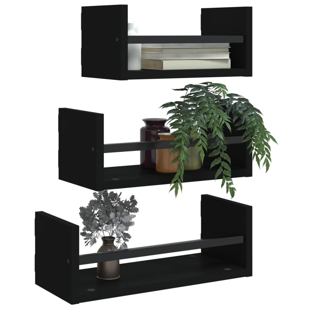 Ensemble d'étagères murales barres 3 pcs noir bois d'ingénierie