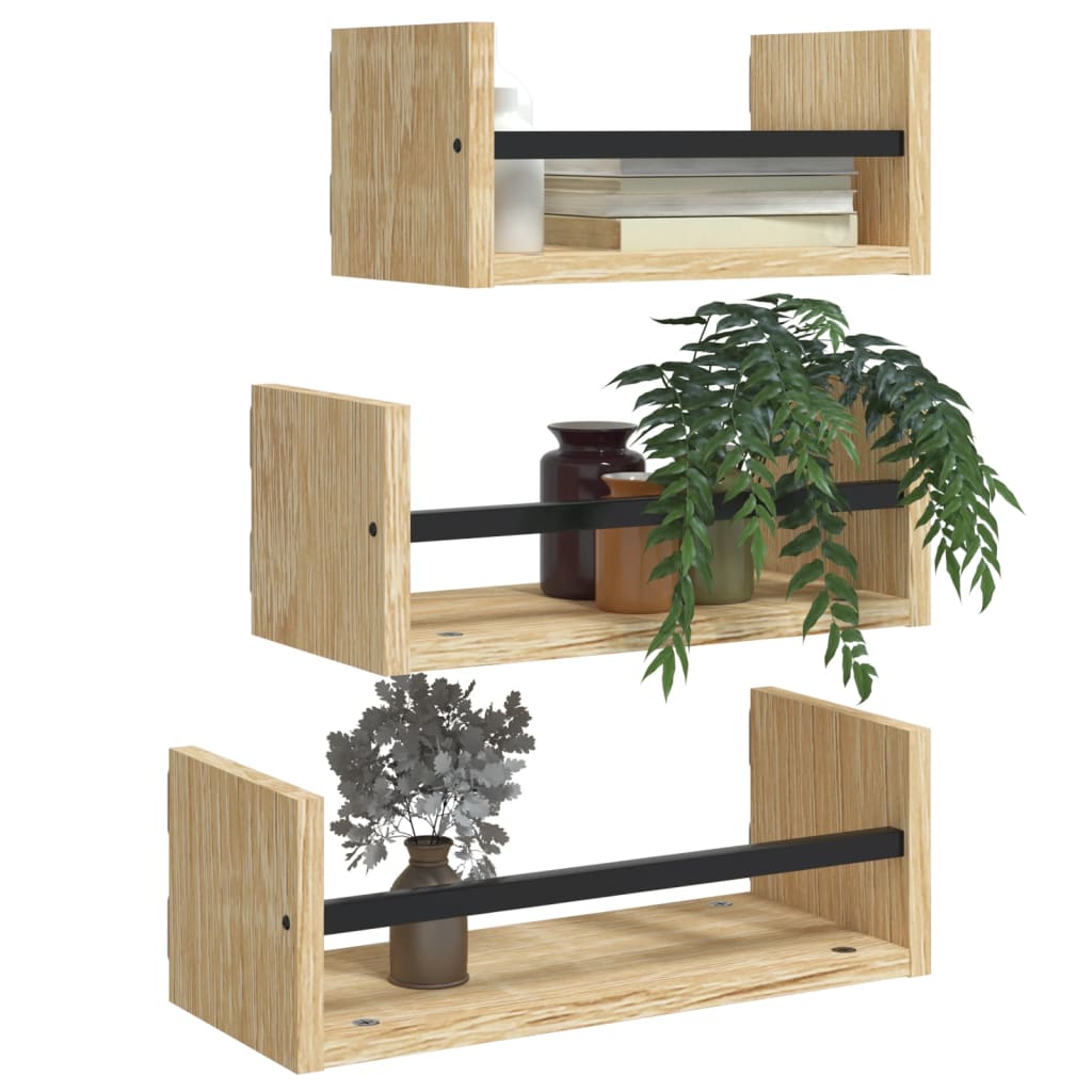 Ensemble d'étagères murales avec barres 3 pcs chêne sonoma