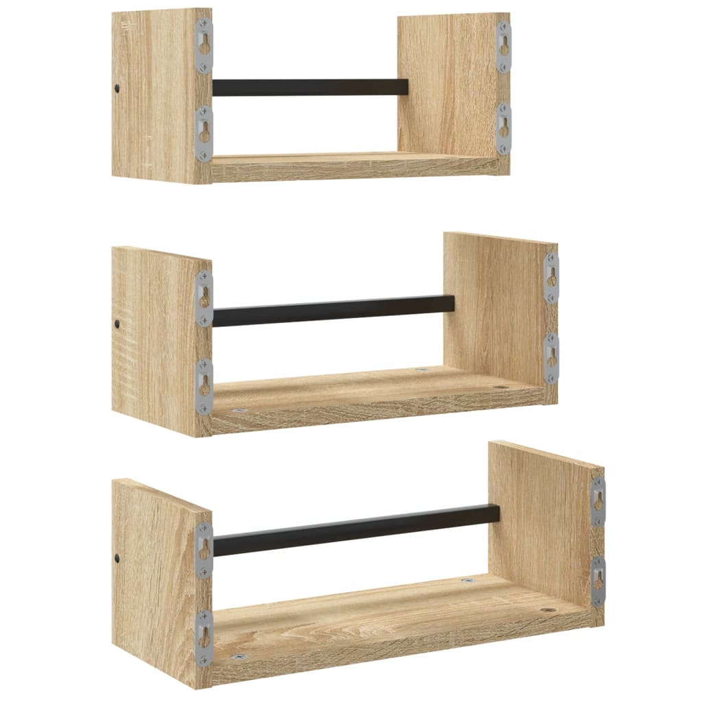Ensemble d'étagères murales avec barres 3 pcs chêne sonoma