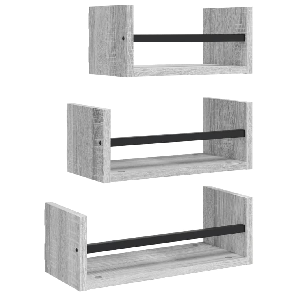 Ensemble d'étagères murales avec barres 3 pcs sonoma gris