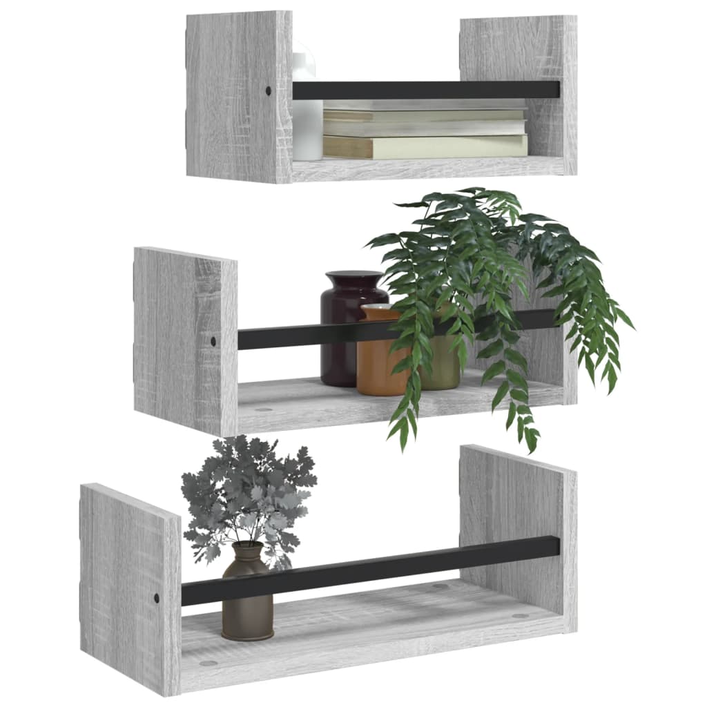 Ensemble d'étagères murales avec barres 3 pcs sonoma gris