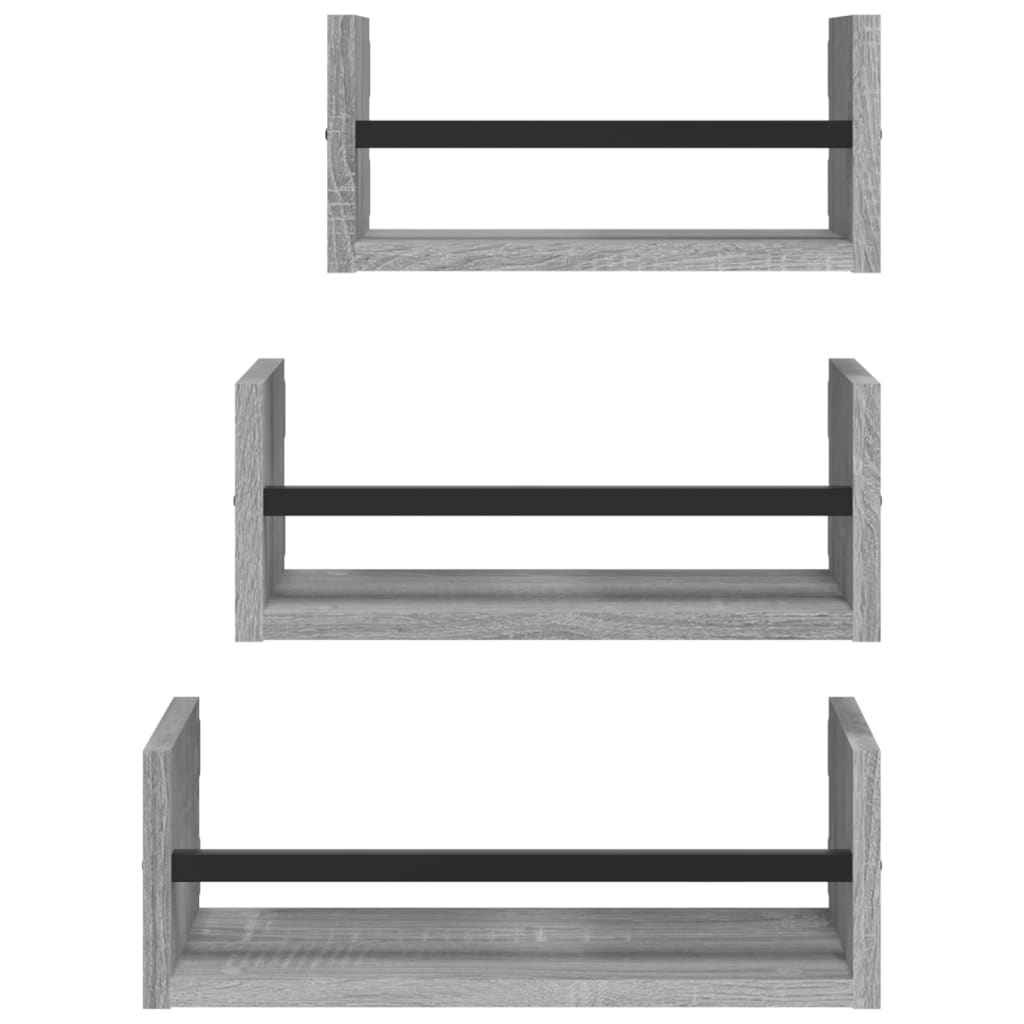Ensemble d'étagères murales avec barres 3 pcs sonoma gris