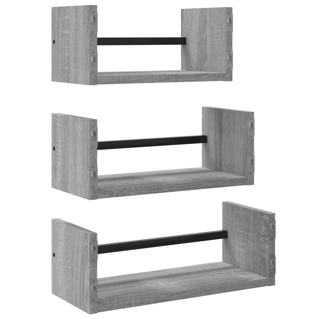 Ensemble d'étagères murales avec barres 3 pcs sonoma gris