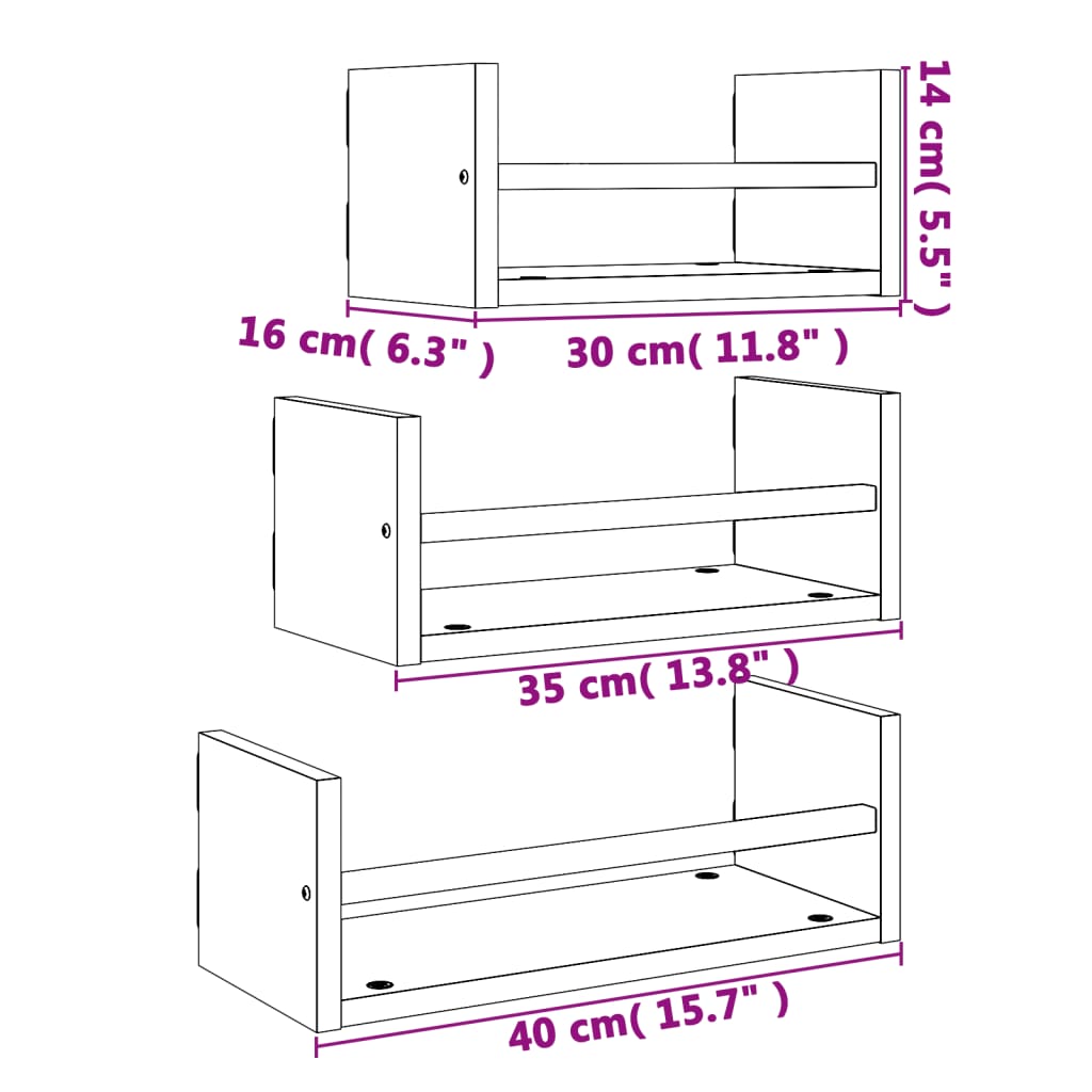 Ensemble d'étagères murales avec barres 3 pcs sonoma gris