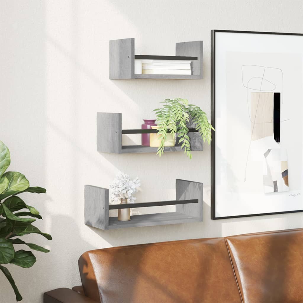 Ensemble d'étagères murales avec barres 3 pcs sonoma gris