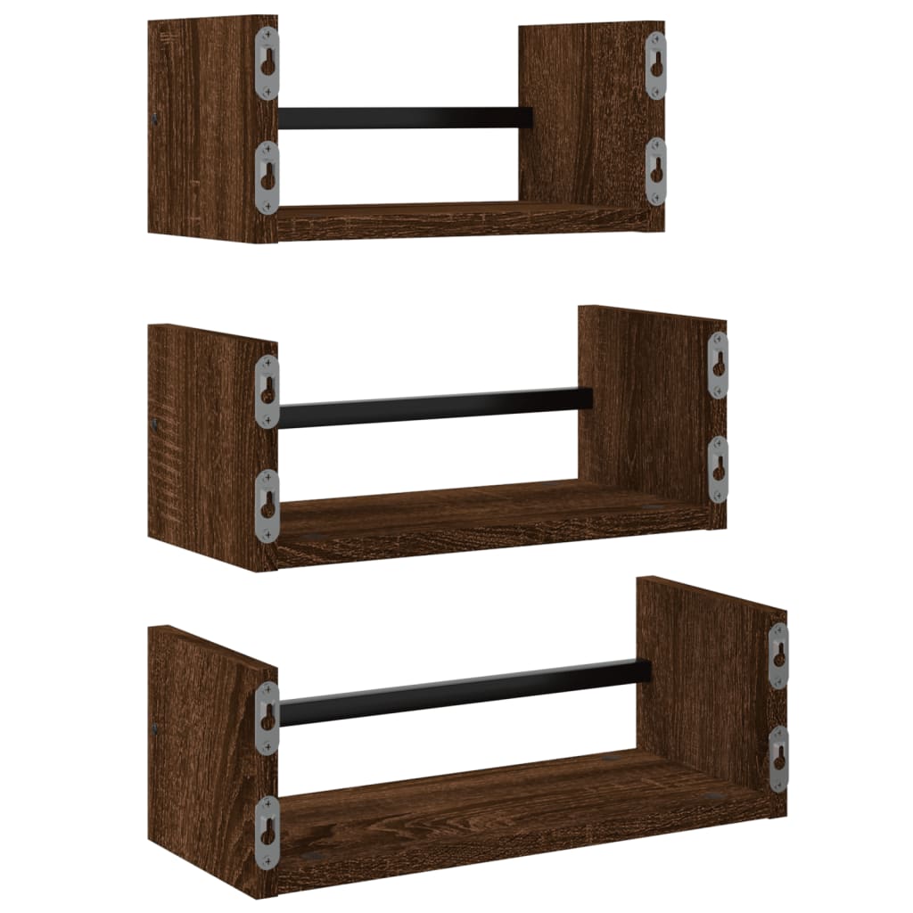 Ensemble d'étagères murales avec barres 3 pcs chêne marron