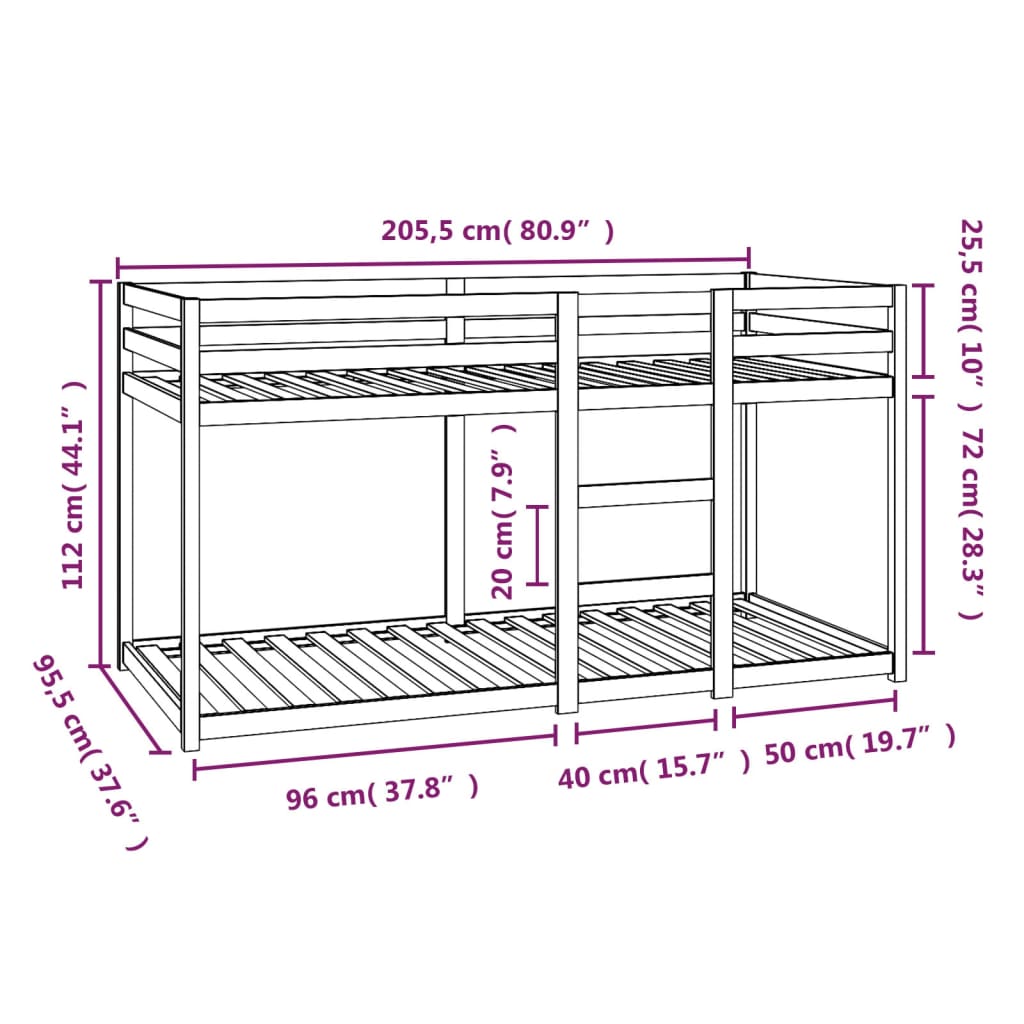 Lit superposé sans matelas blanc 90x200 cm bois de pin massif