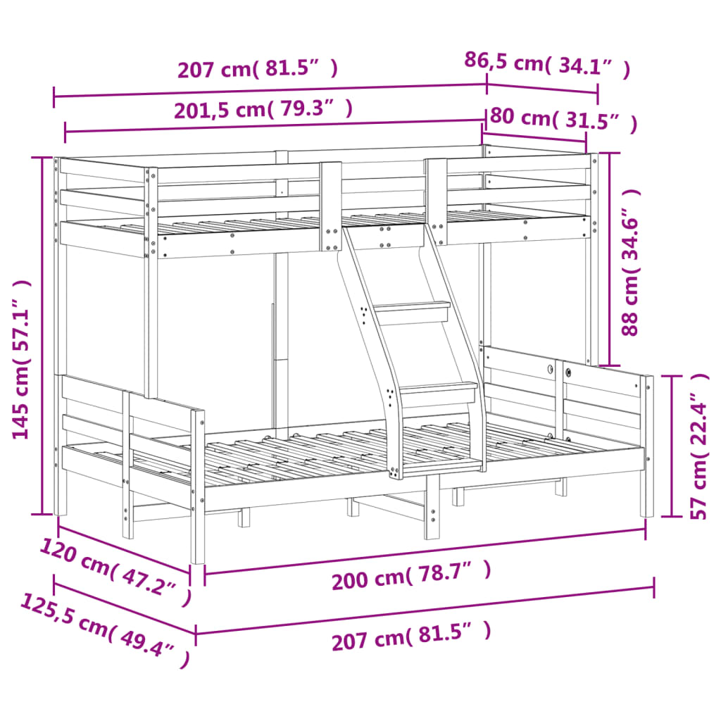 Lit superposé sans matelas 80x200/120x200 cm blanc bois massif