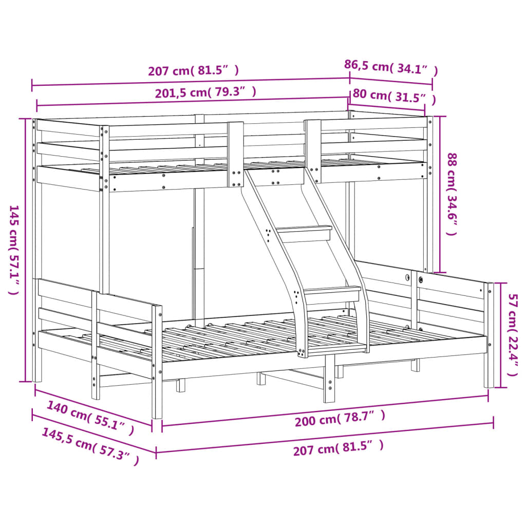 Lit superposé sans matelas 80x200/140x200 cm blanc bois massif