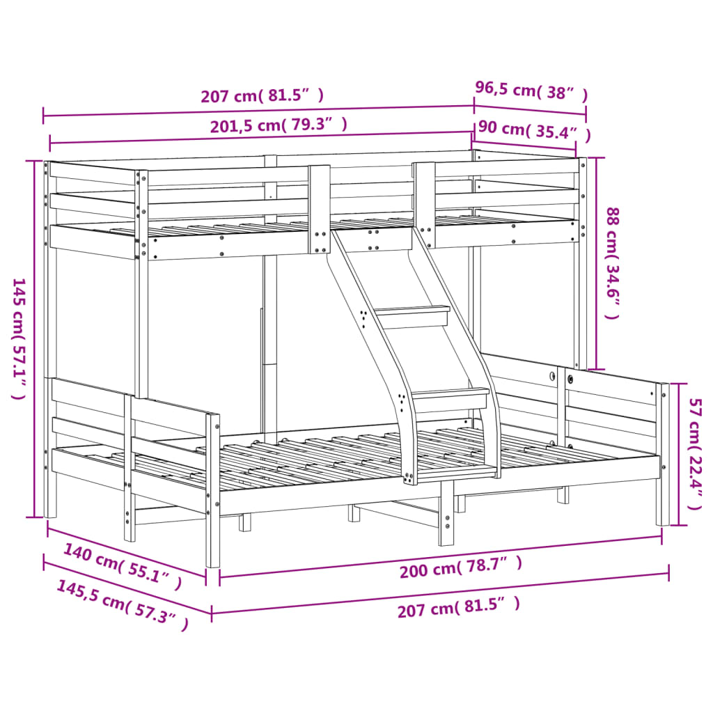 Lit superposé sans matelas 90x200/140x200 cm blanc bois massif