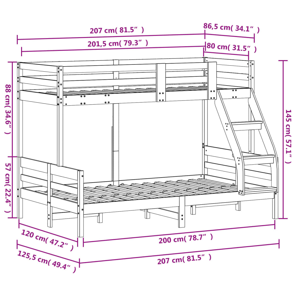 Lit superposé sans matelas 80x200/120x200 cm bois massif
