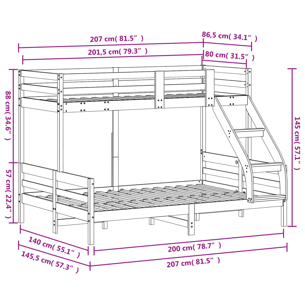 Lit superposé sans matelas 80x200/140x200 cm bois massif