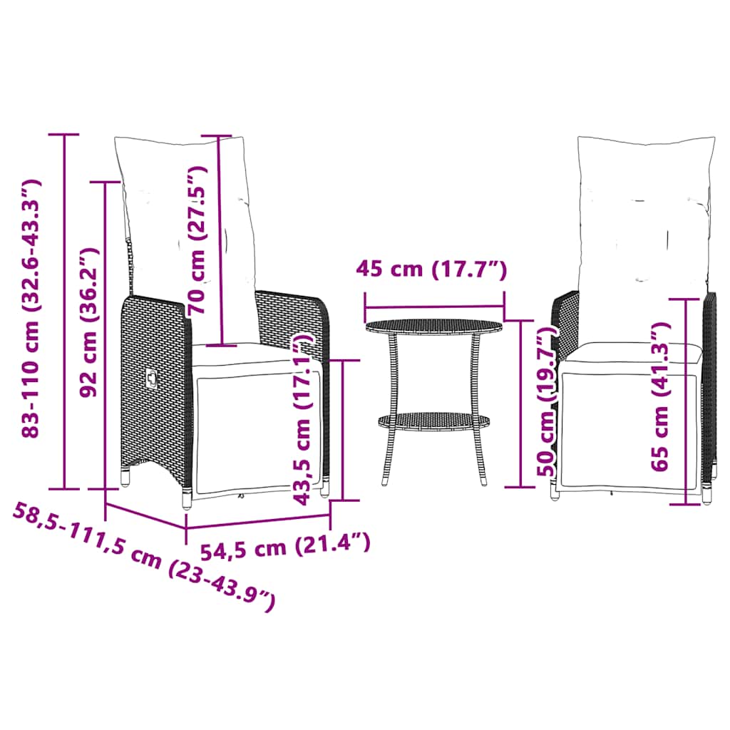 Lot de 2 chaises de jardin inclinables avec Table en résine tressée grise