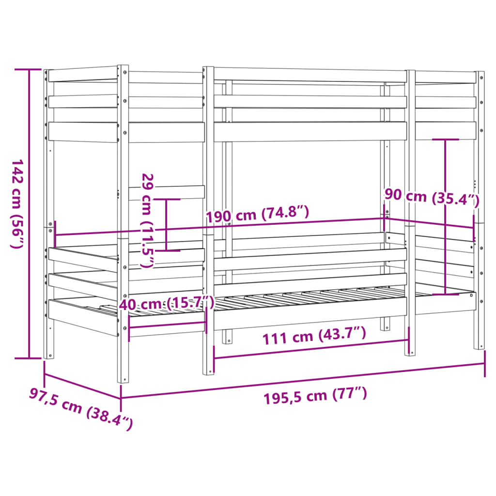 Lit superposé sans matelas 90x190 cm bois de pin massif