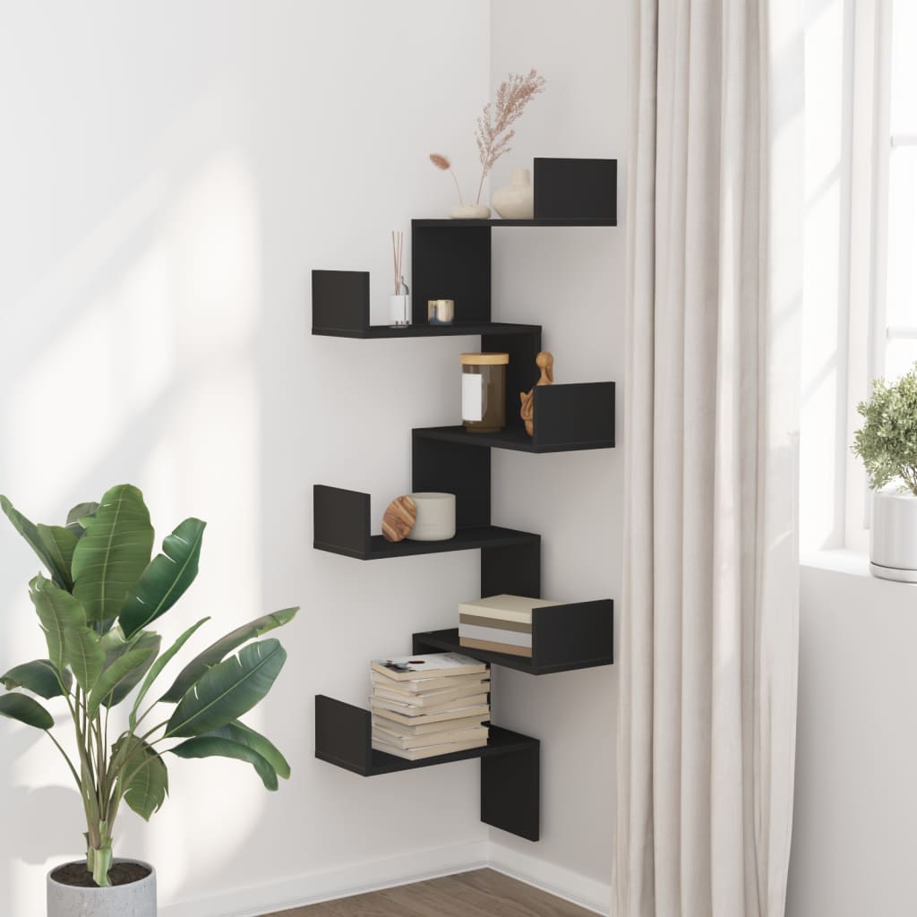 Étagère murale d'angle noir 45x45x147 cm bois d'ingénierie