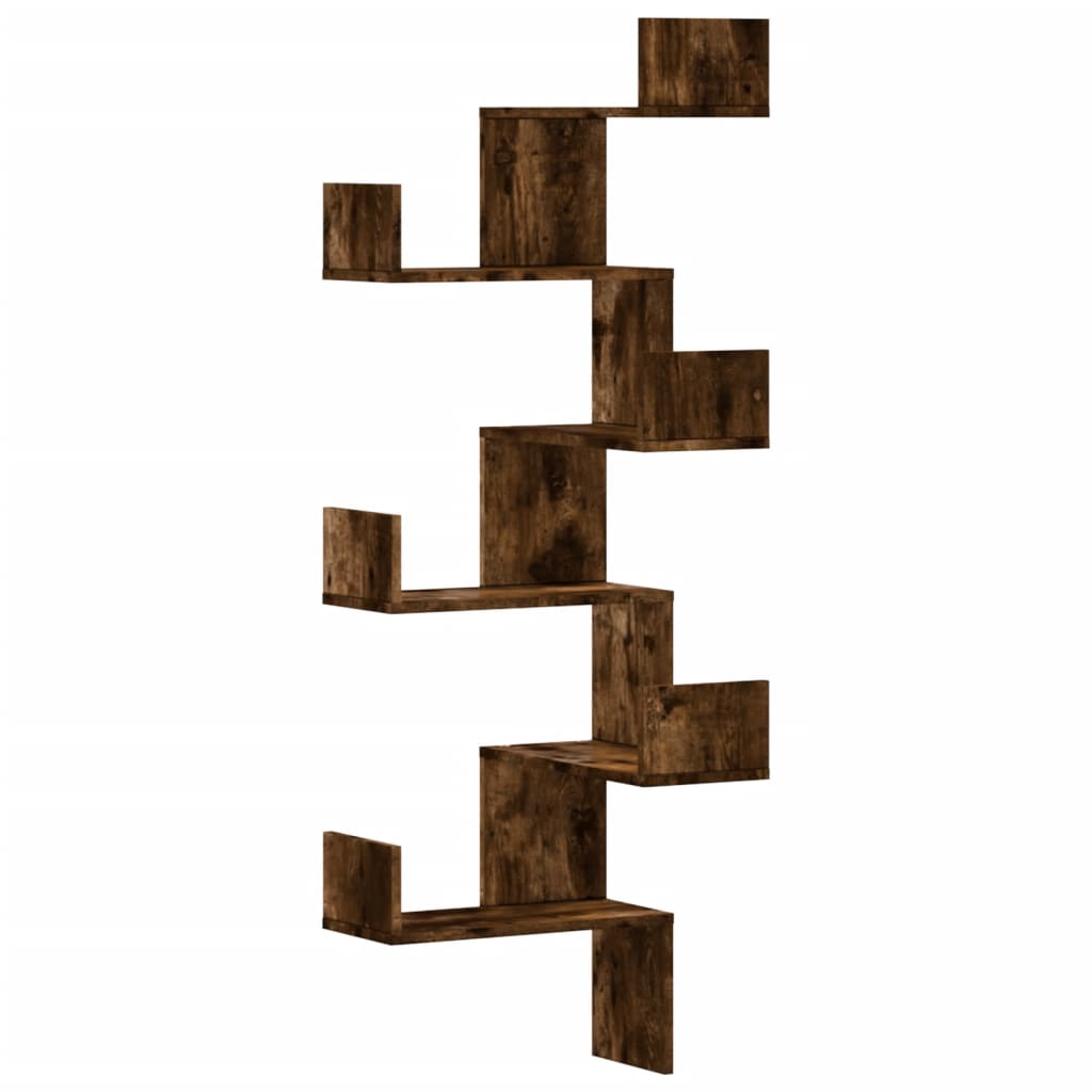 Étagère d'angle murale chêne fumé 45x45x147cm bois d'ingénierie