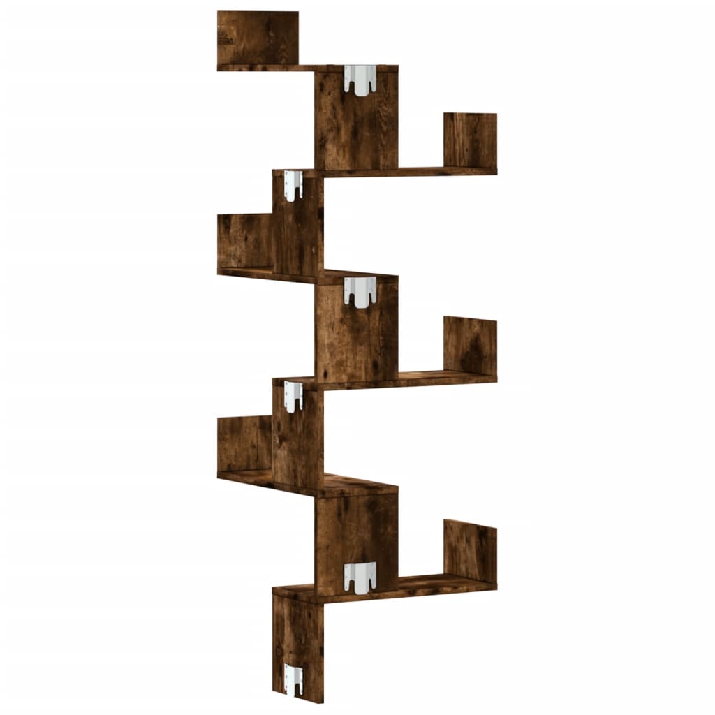 Étagère d'angle murale chêne fumé 45x45x147cm bois d'ingénierie