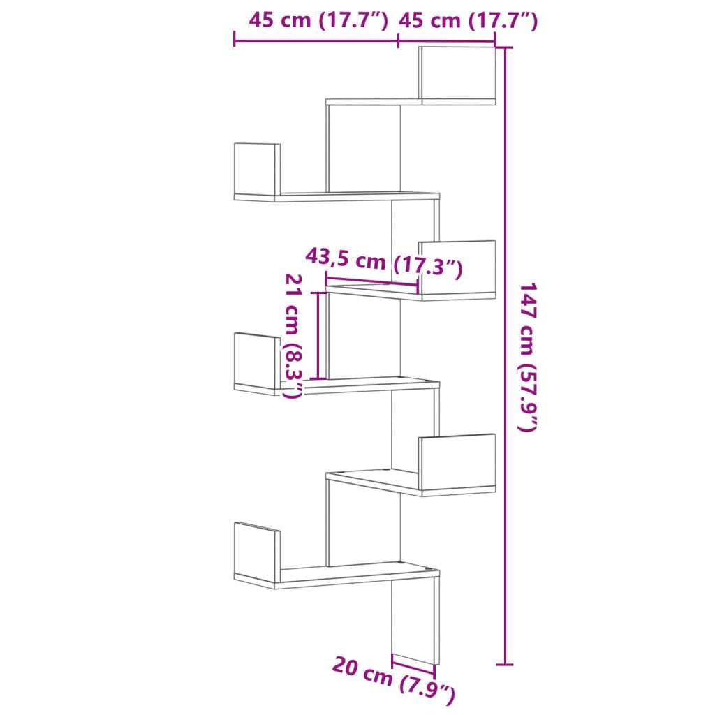 Étagère d'angle murale chêne fumé 45x45x147cm bois d'ingénierie