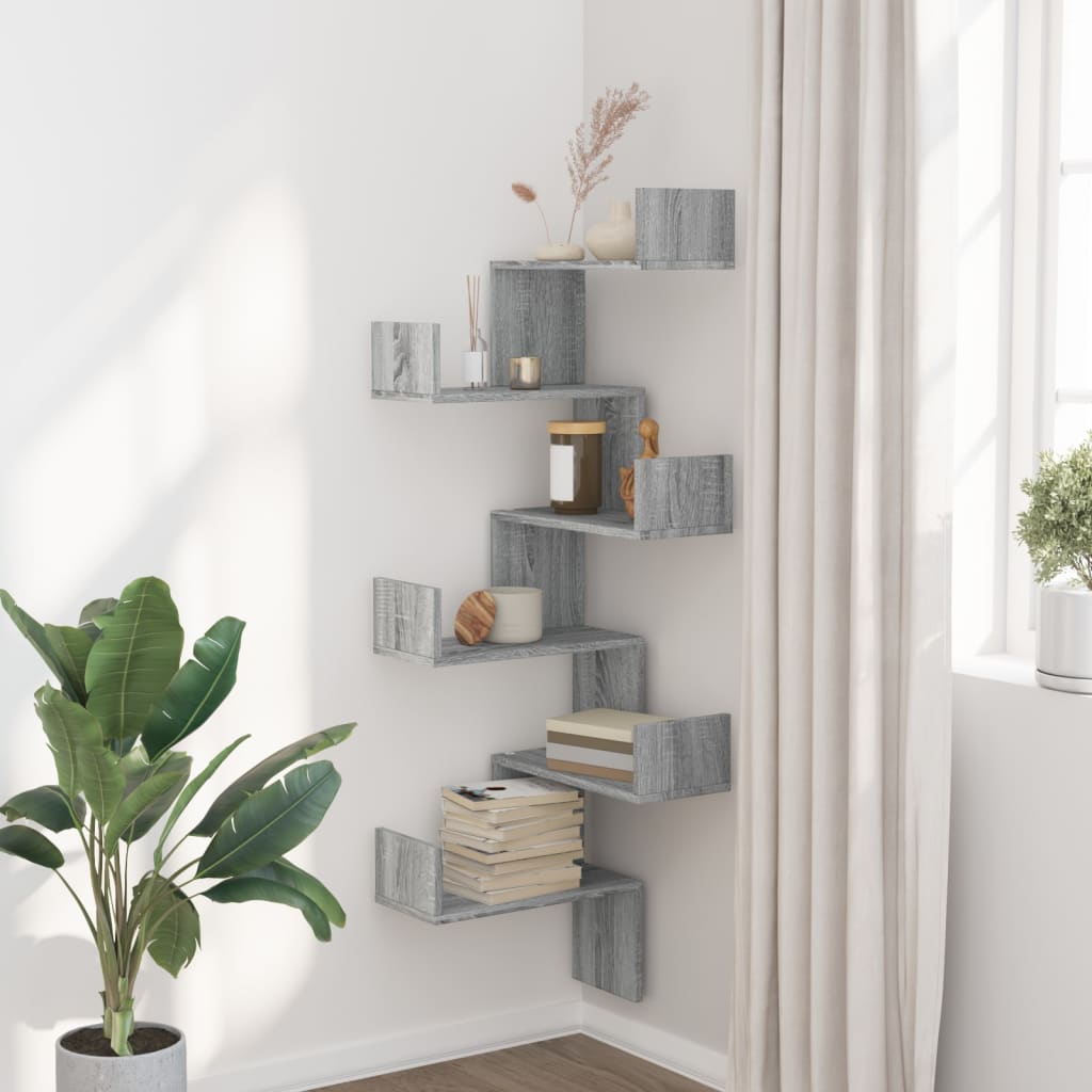 Étagère d'angle murale sonoma gris 45x45x147cm bois ingénierie