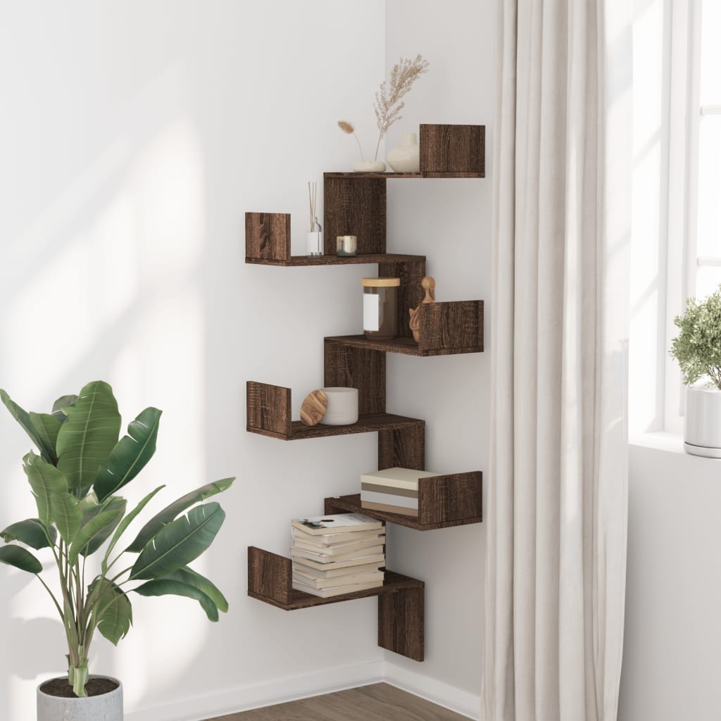 Étagère d'angle murale chêne marron 45x45x147cm bois ingénierie