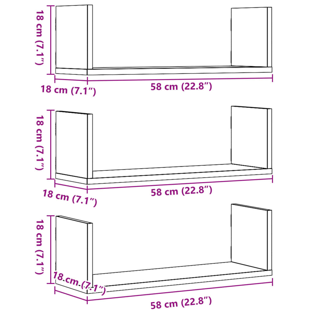 Étagères murales 3 pcs blanc 58x18x18 cm bois d'ingénierie