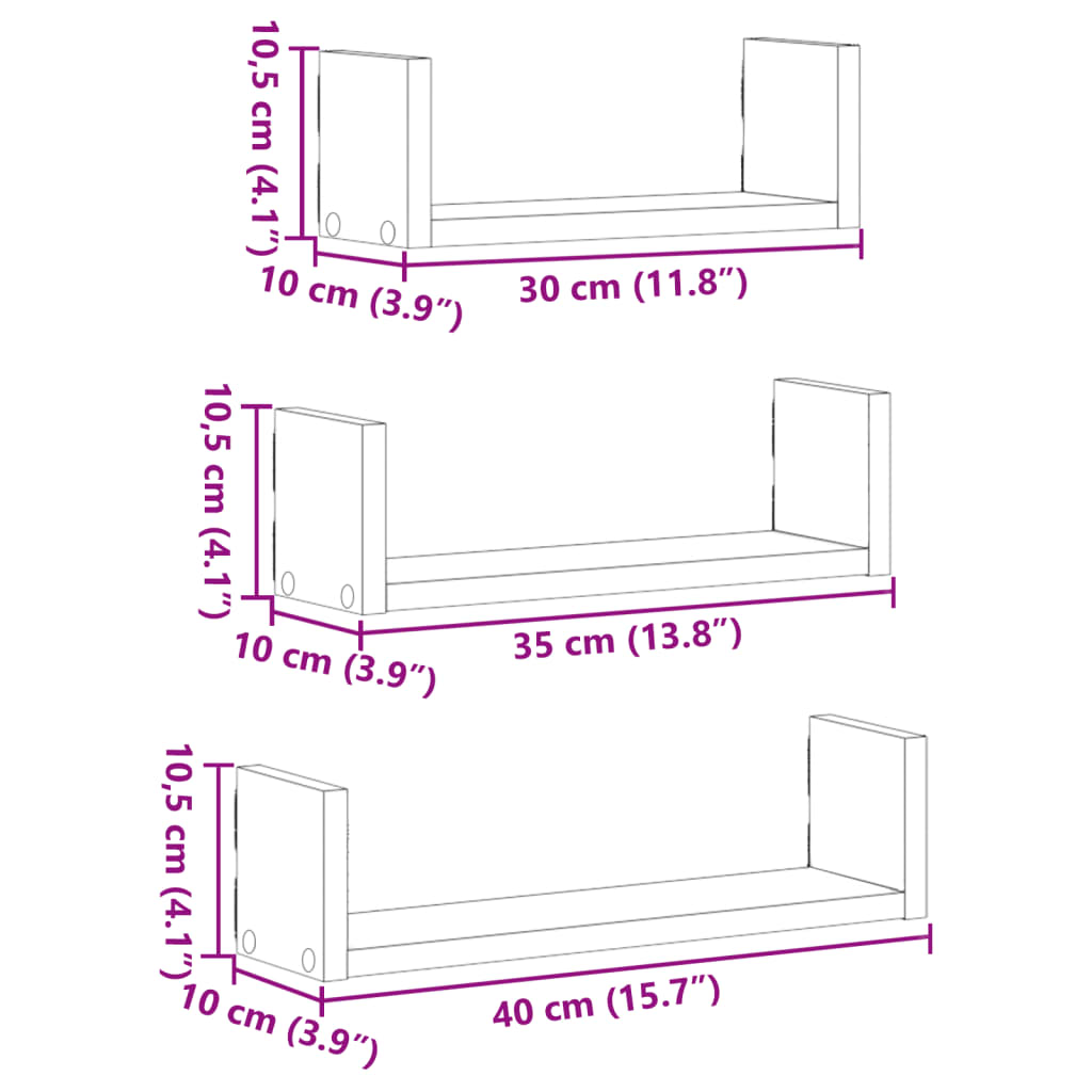 Étagères murales 3 pcs noir bois d'ingénierie