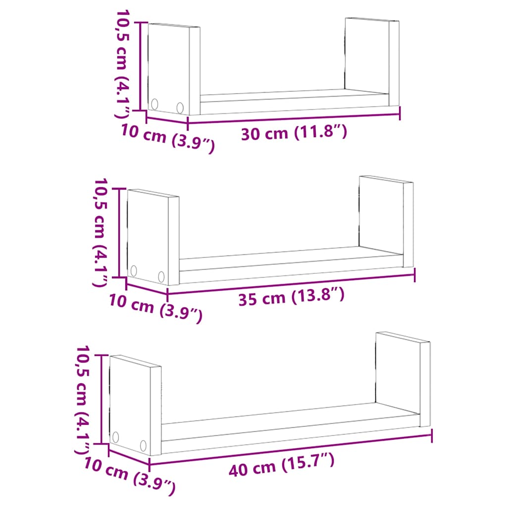 Étagères murales 3 pcs gris béton bois d'ingénierie