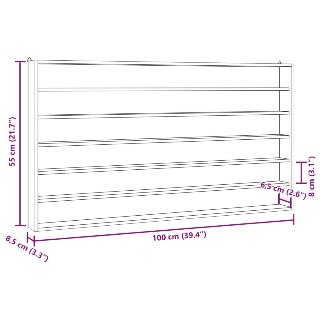 Vitrine de collection en bois avec 6 étagères 100x8,5x55 cm