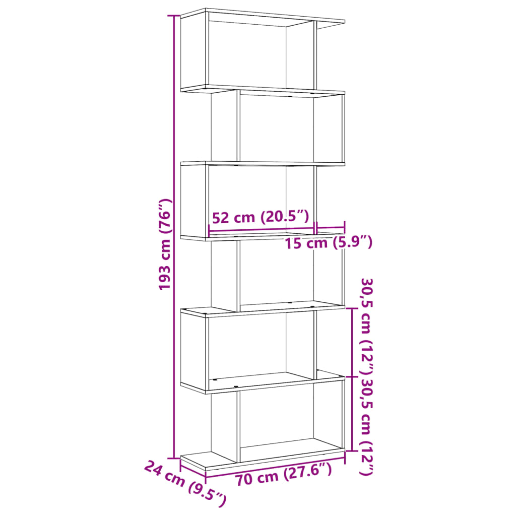 Étagère séparatrice de pièce 6 niveaux chêne sonoma 70x24x193cm