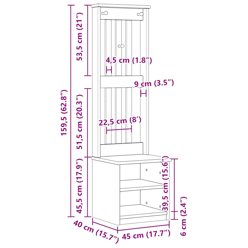Portemanteau SANDNES 45x40x159,5 cm bois massif pin