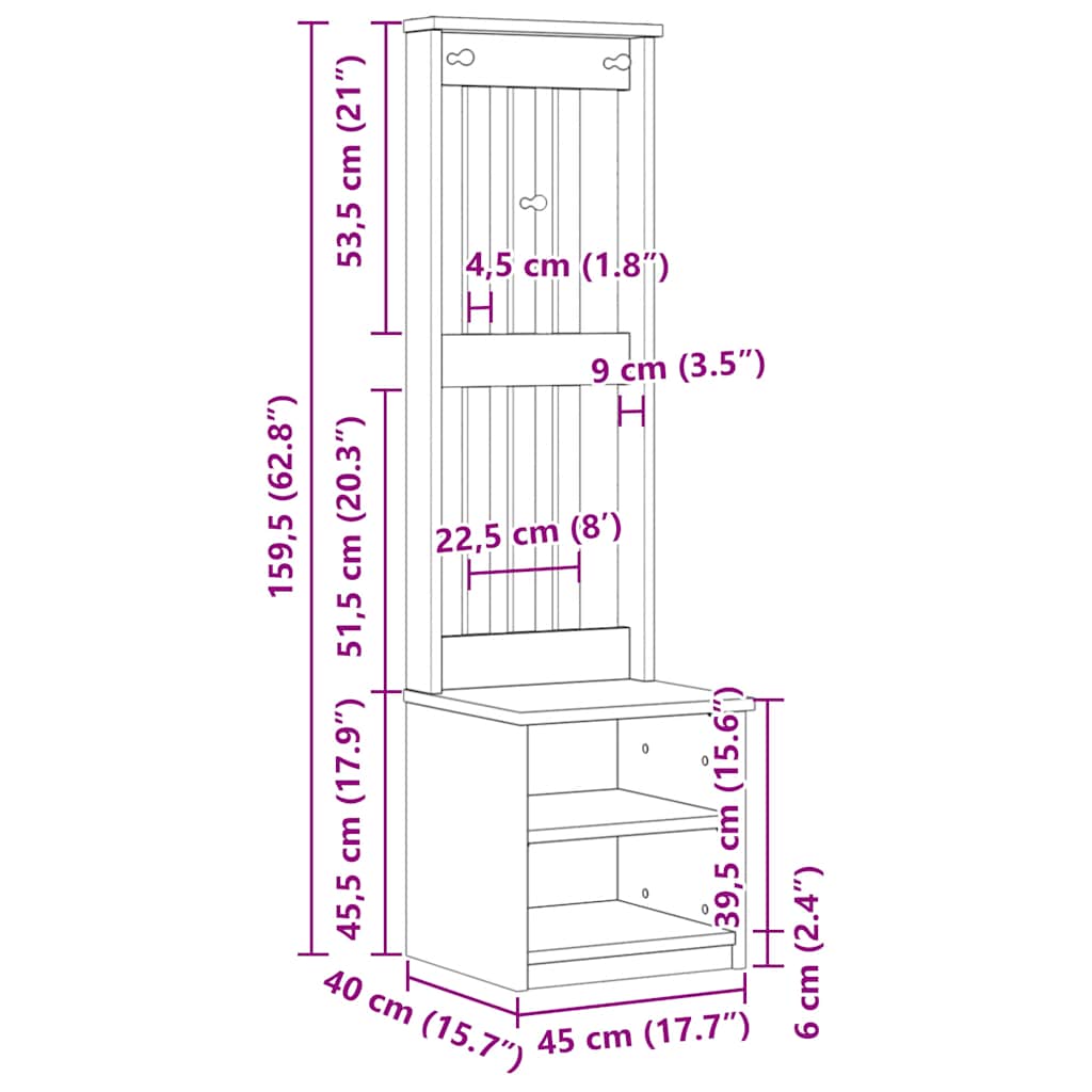 Portemanteau SANDNES blanc 45x40x159,5 cm bois massif pin