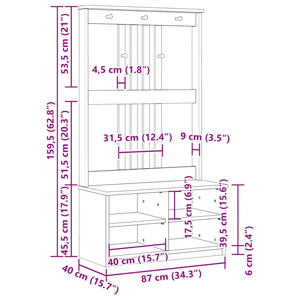 Portemanteau SANDNES 87x40x159,5 cm bois massif pin