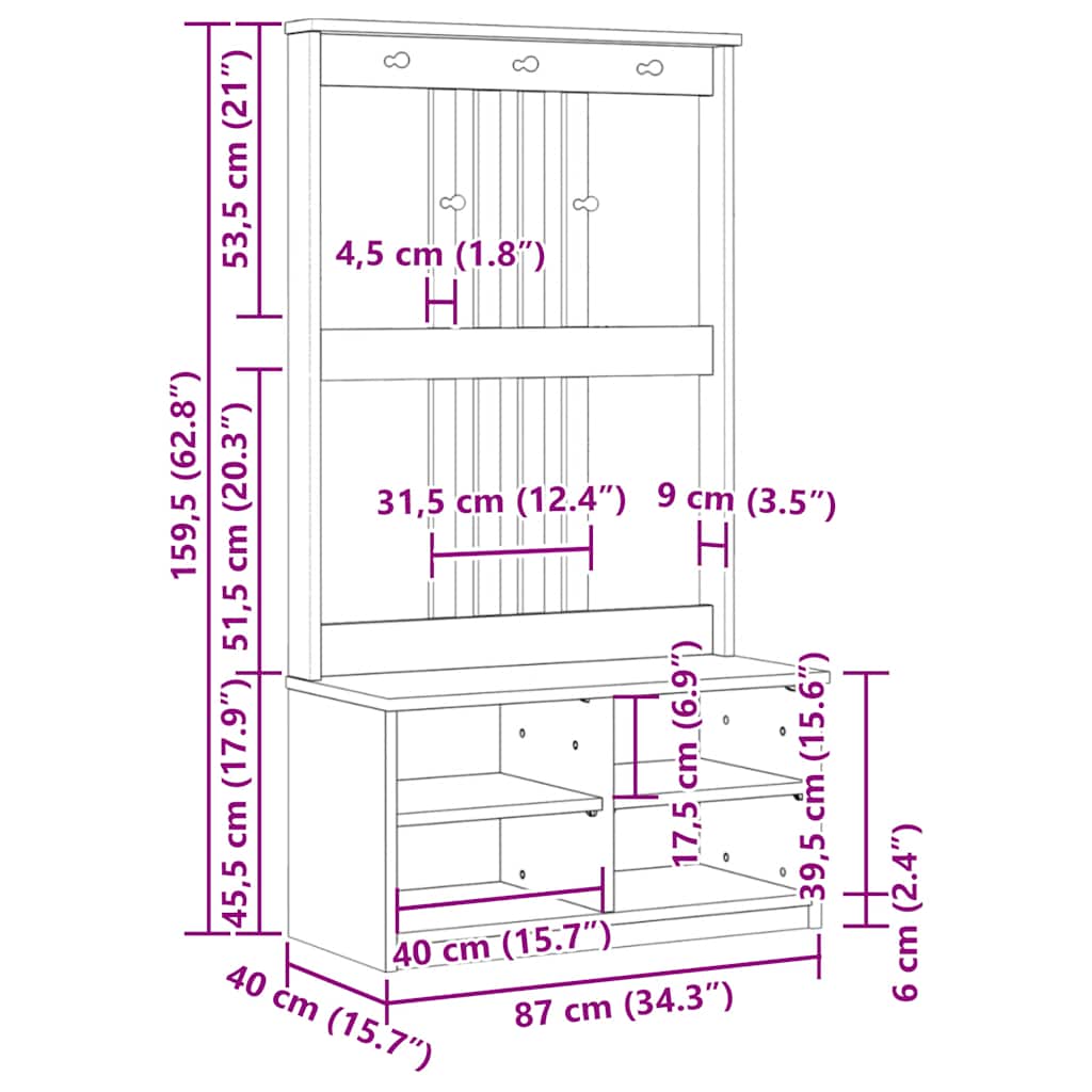Portemanteau SANDNES 87x40x159,5 cm bois massif pin