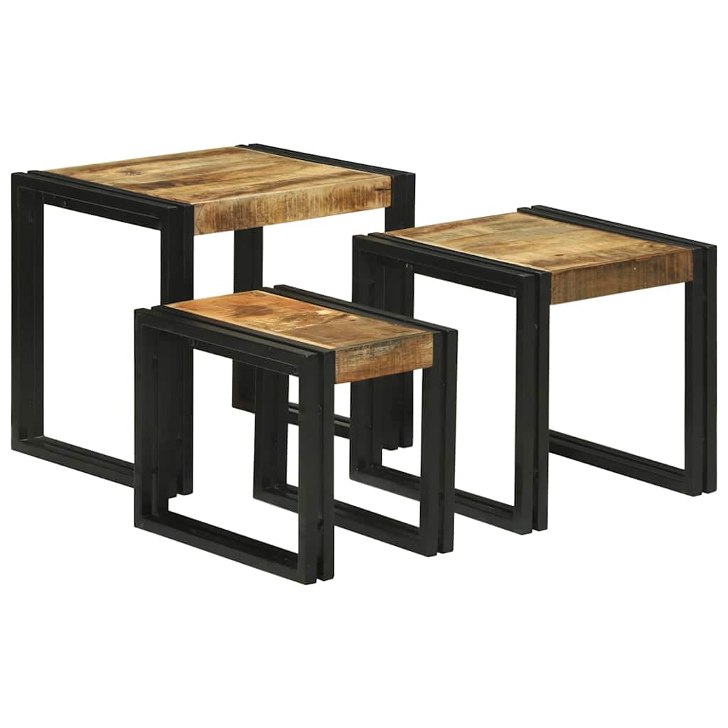 Table Gigogne 3 pcs Marron et noir Bois de manguier brut massif