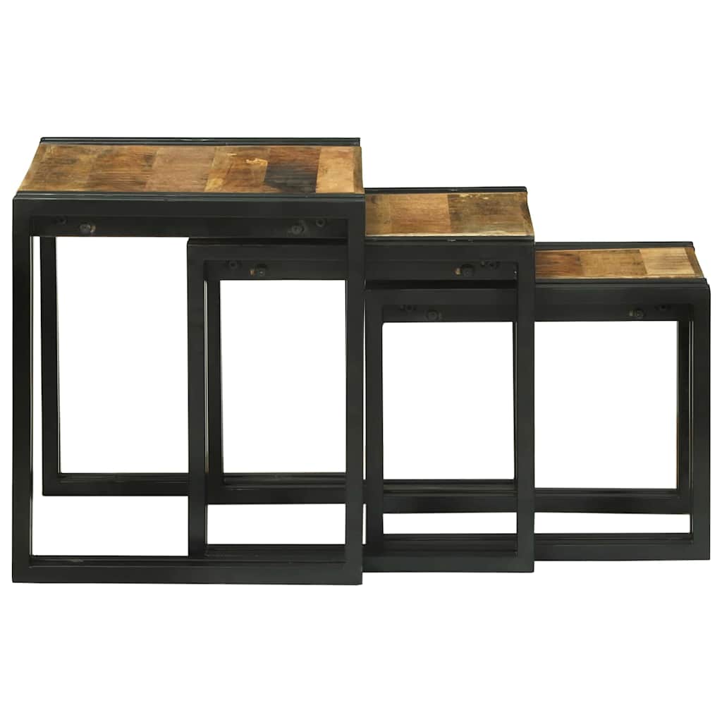 Table Gigogne 3 pcs Marron et noir Bois de manguier brut massif
