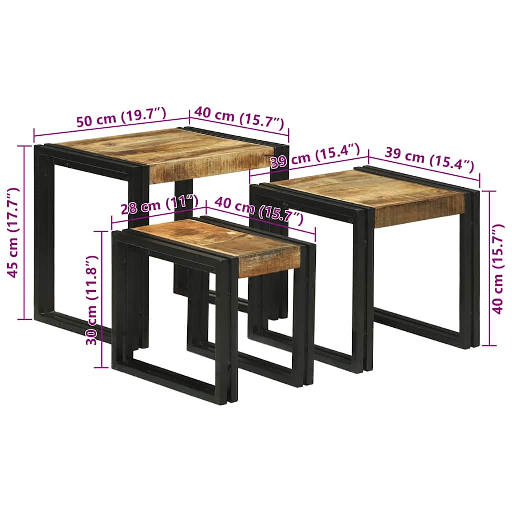 Table Gigogne 3 pcs Marron et noir Bois de manguier brut massif