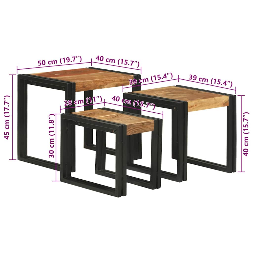 Table Gigogne 3 pcs Bois d'acacia solide et un métal