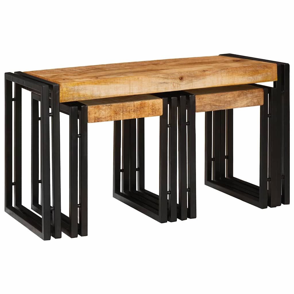 Table Gigogne 3 pcs Bois de mangue solide rugueux et un métal