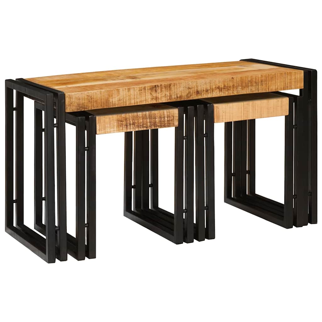Table Gigogne 3 pcs Bois de mangue solide rugueux et un métal