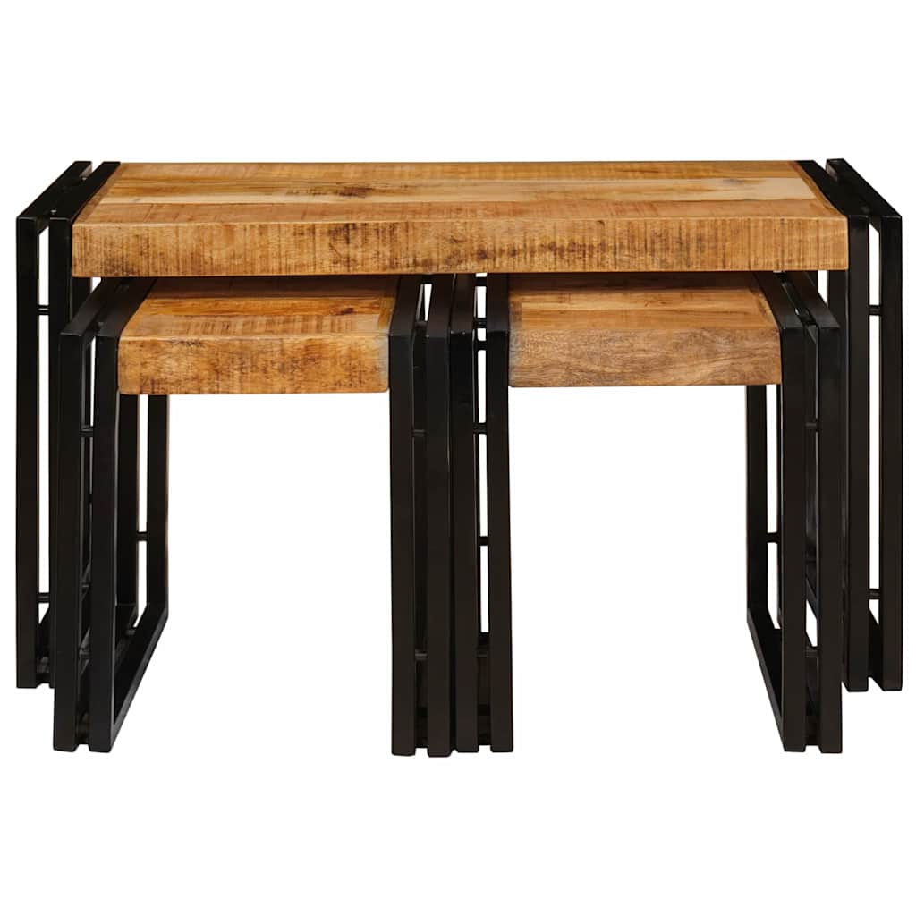 Table Gigogne 3 pcs Bois de mangue solide rugueux et un métal