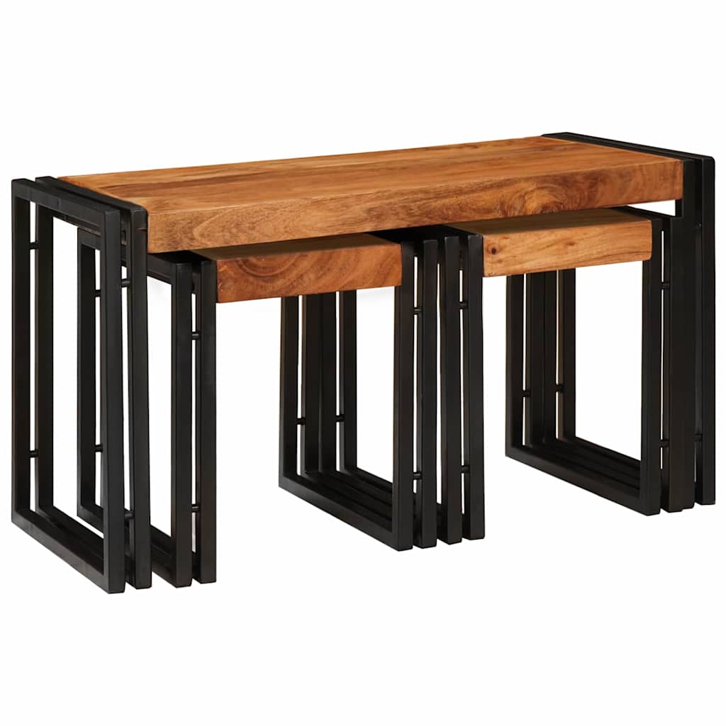 Tables d'appoint 3 pcs Marron et noir Bois d'acacia massif