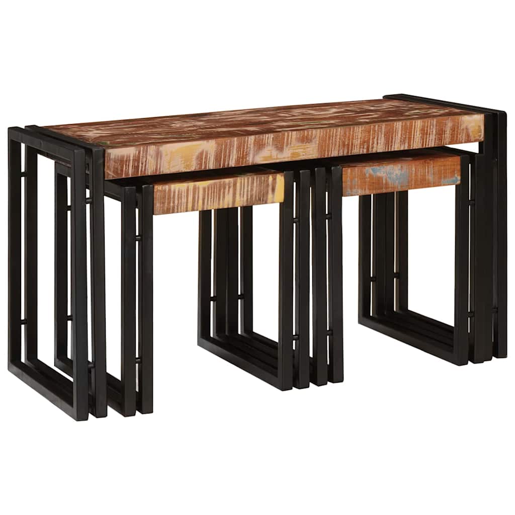 Table Gigogne 3 pcs Marron et noir bois de récupération massif